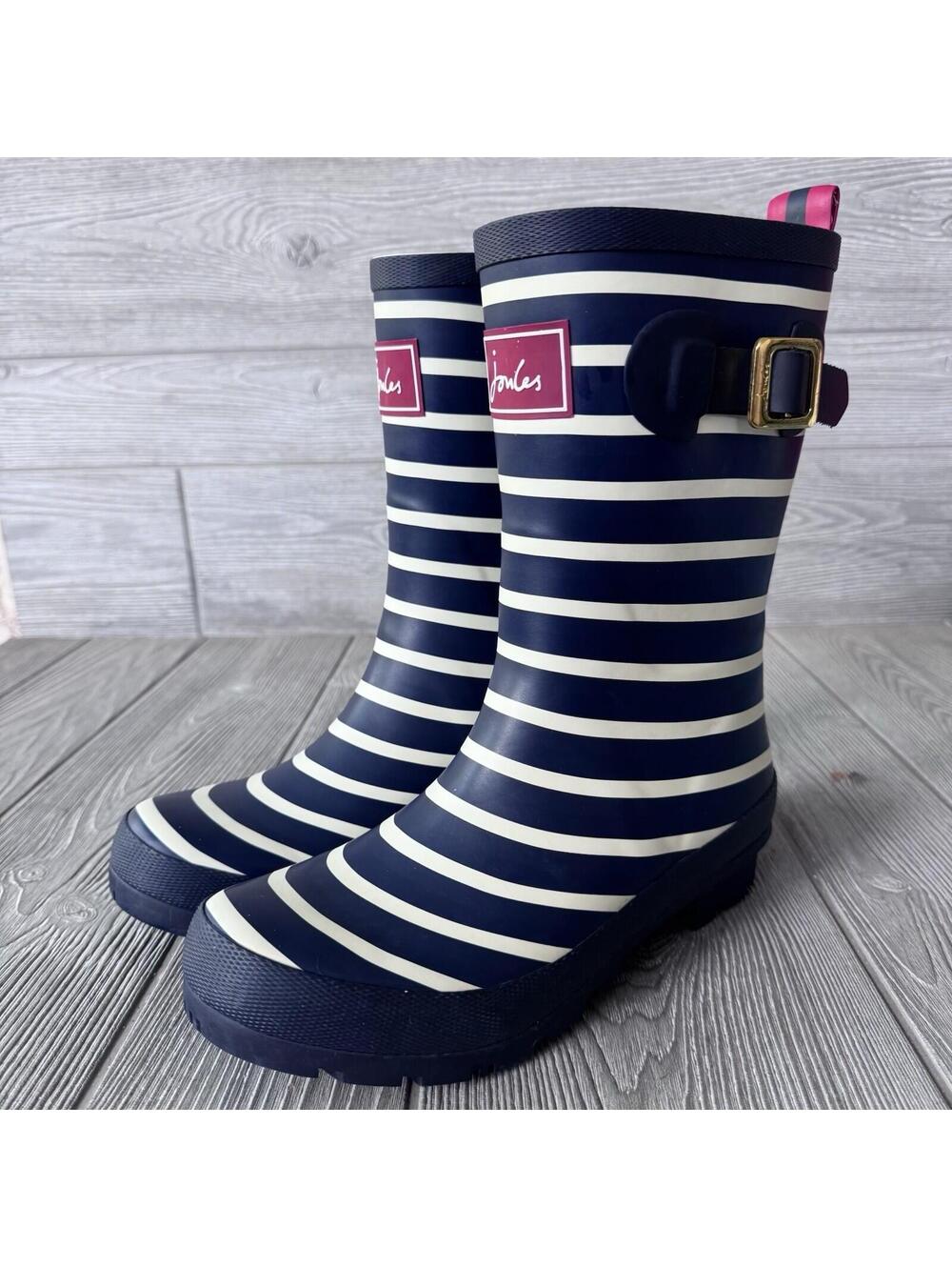 Joules Navy White Striped Rain Boots Women's US 6 UK 4 Mid Calf Waterproof Welli